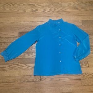 Vintage Chinese Turquoise Blue Side Button-Up Pleated Shirt 100% Silk -Sz S